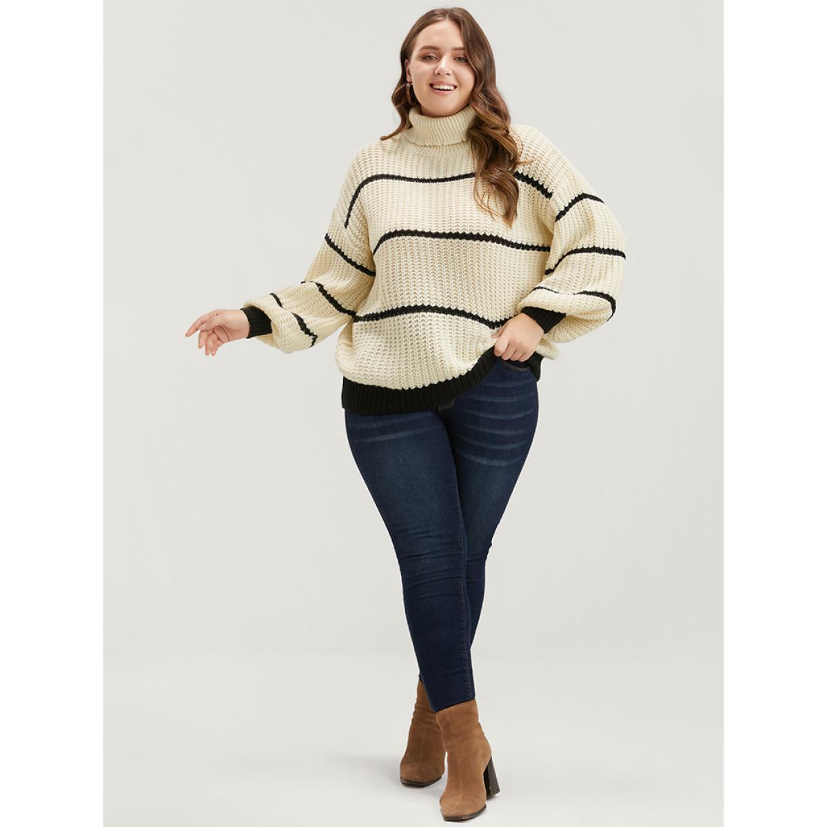 Plus Size Striped Contrast Pointelle Knit Lantern Sleeve Funnel Neck Knit Top Beige Women Elegant Loose Long Sleeve Turtleneck Dailywear Pullovers BloomChic 28/5X Product Image