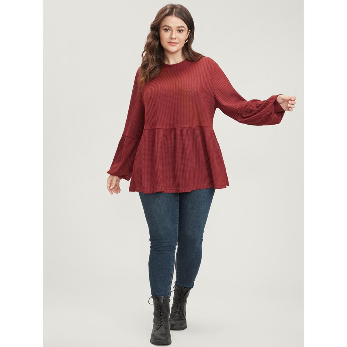 Plus Size Russet Solid Lantern Sleeve Ruffle Hem Textured Blouse Women Elegant Long Sleeve Round Neck Dailywear Blouses BloomChic 18-20/2X Product Image