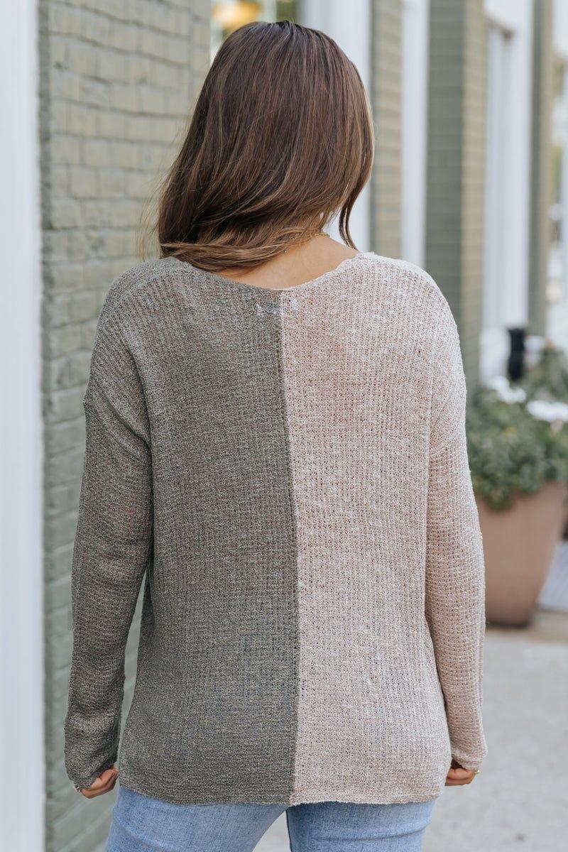 Olive Color Block V Neck Sweater - FINAL SALE Product Image