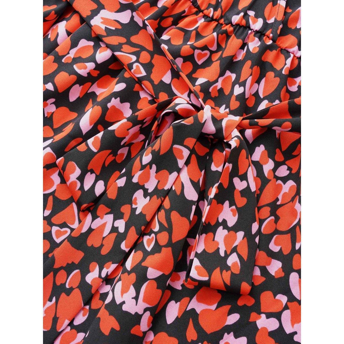 Plus Size Heart Allover Print Belted Surplice Neck Dress Black Women Elegant Wrap Overlap Collar Long Sleeve Curvy Midi Dress BloomChic 14-16/1X Product Image