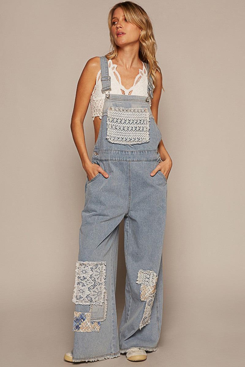 Crochet Patchwork Detail Denim Overalls Product Image