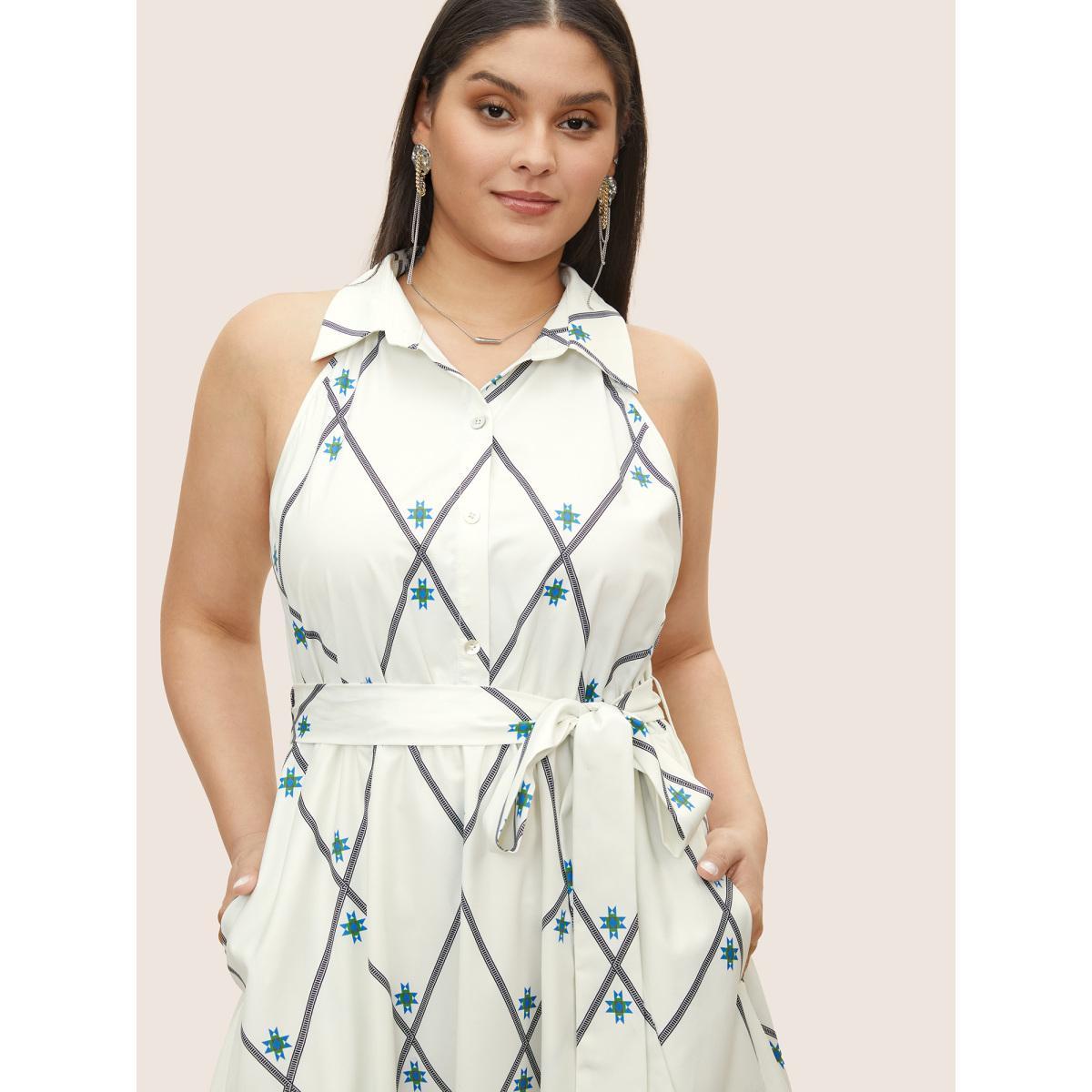 Plus Size Geometric Pocket Shirt Collar Sleeveless Dress Ivory Women At the Office Belted Shirt collar Sleeveless Curvy Midi Dress BloomChic 30/6X Product Image
