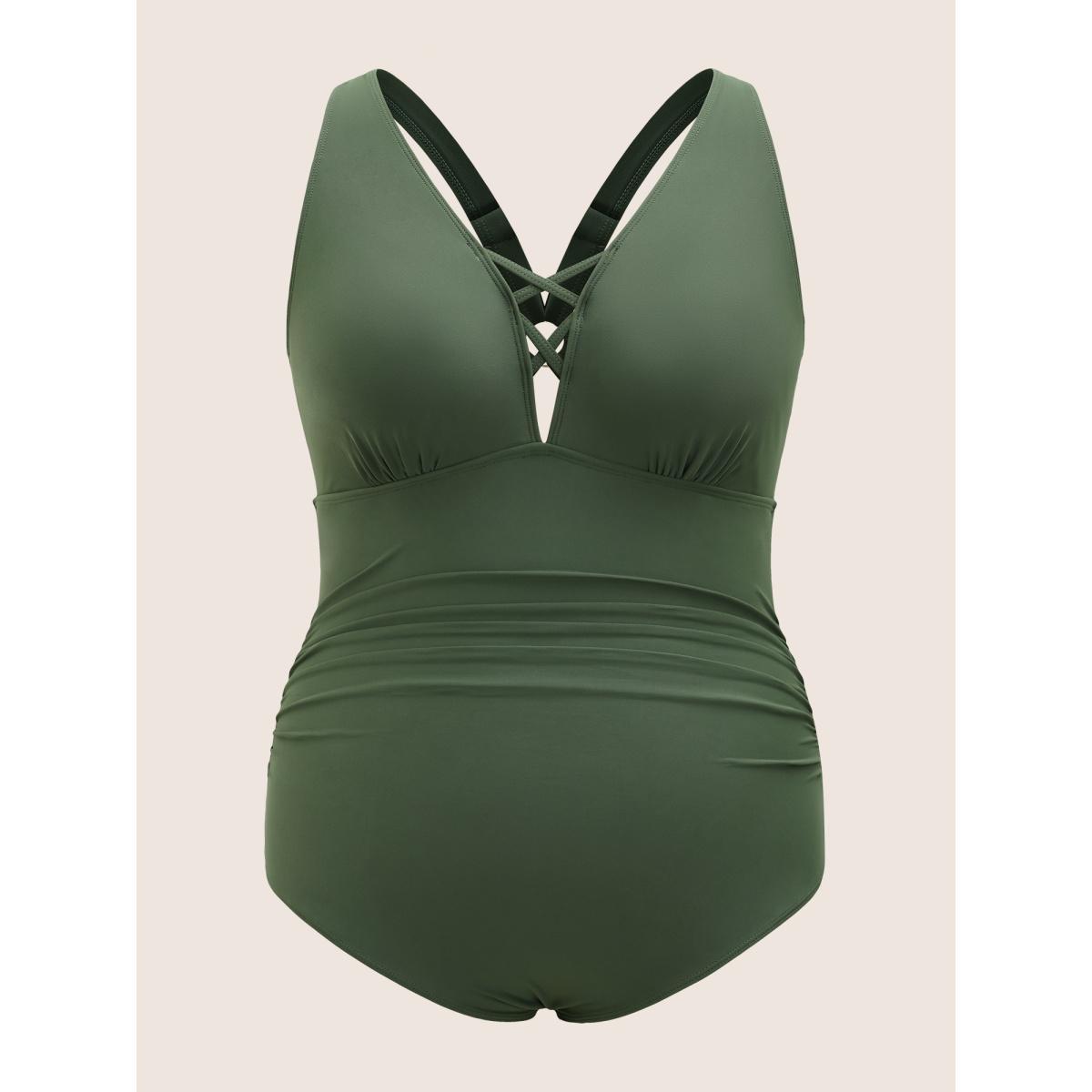 Plus Size Solid Crisscross Cut Out Backless One Piece Swimsuit Women's Swimwear ArmyGreen Beach Gathered Curve Bathing Suits High stretch One Pieces BloomChic 14-16/1X Product Image
