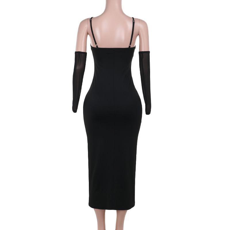 Set: Spaghetti Strap V-Neck Rhinestone Open Back Maxi Bodycon Dress + Arm Sleeves Product Image