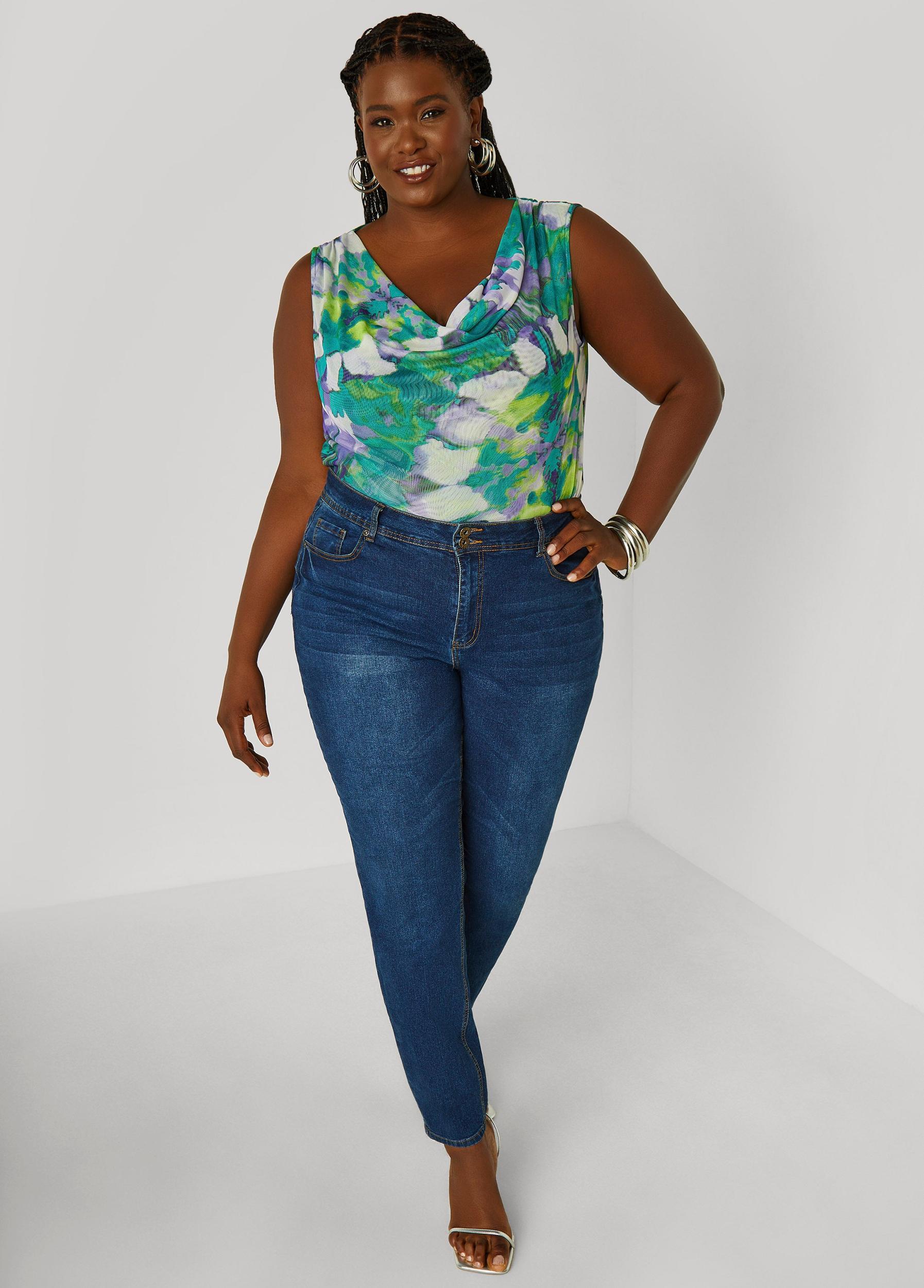 Cowl Neck Printed Mesh Top Product Image