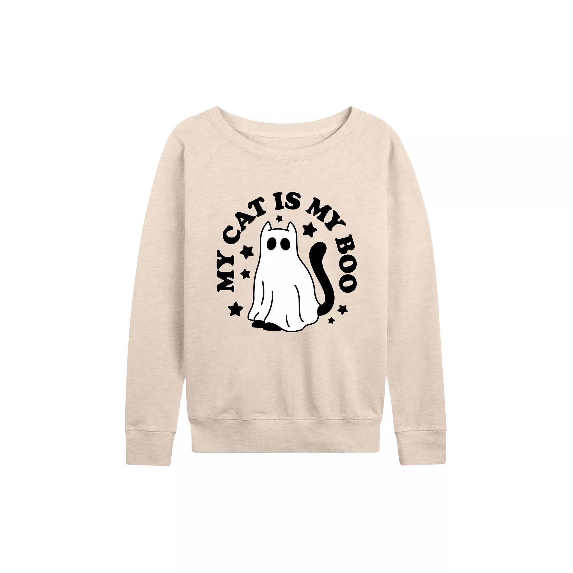 Women's My Cat Is My Boo Halloween French Terry Long Sleeve Tee, Size: Large, Beige Product Image