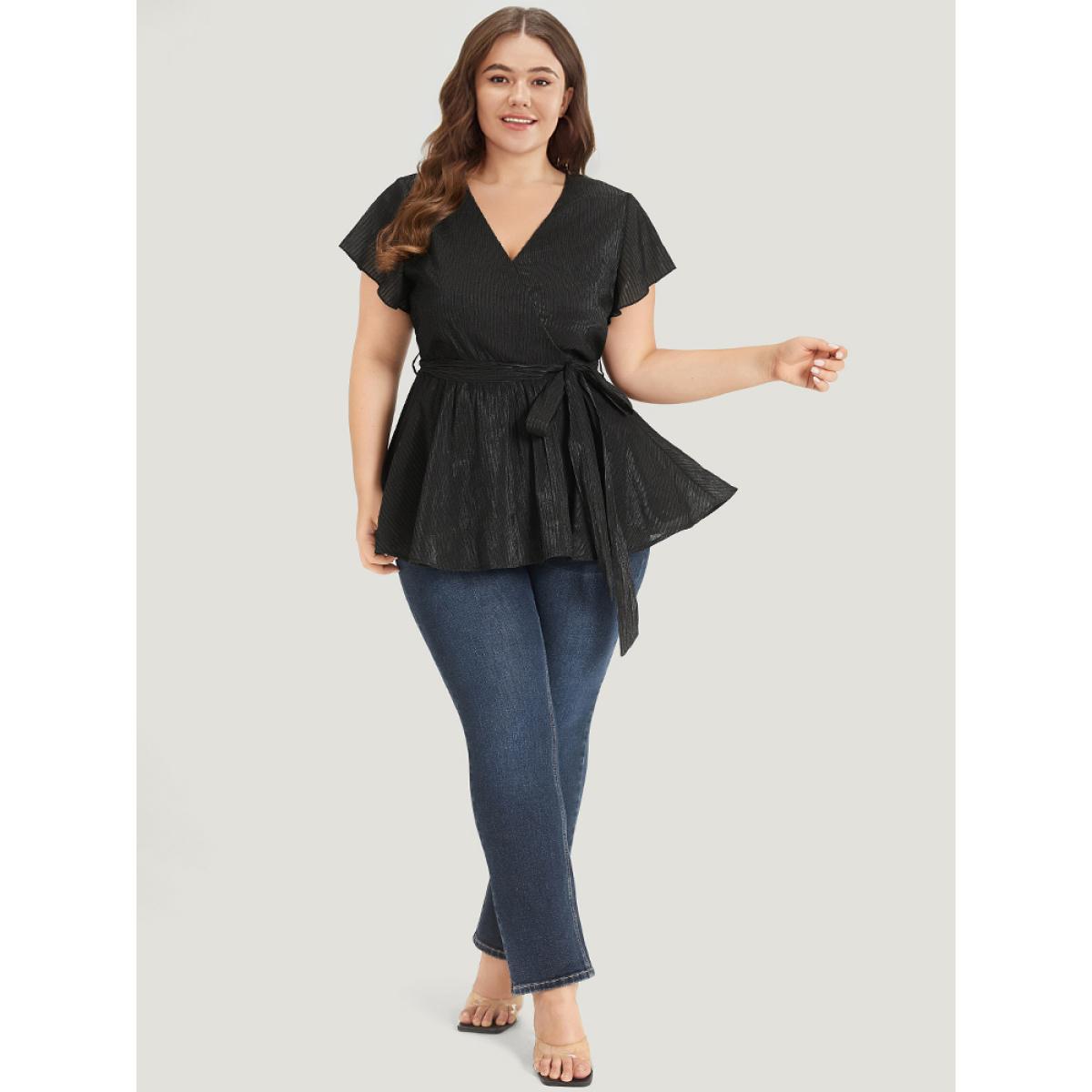 Plus Size Black Plain Plisse Surplice Neck Belted Flutter Blouse Women Elegant Short sleeve V-neck Dailywear Blouses BloomChic 14-16/1X Product Image