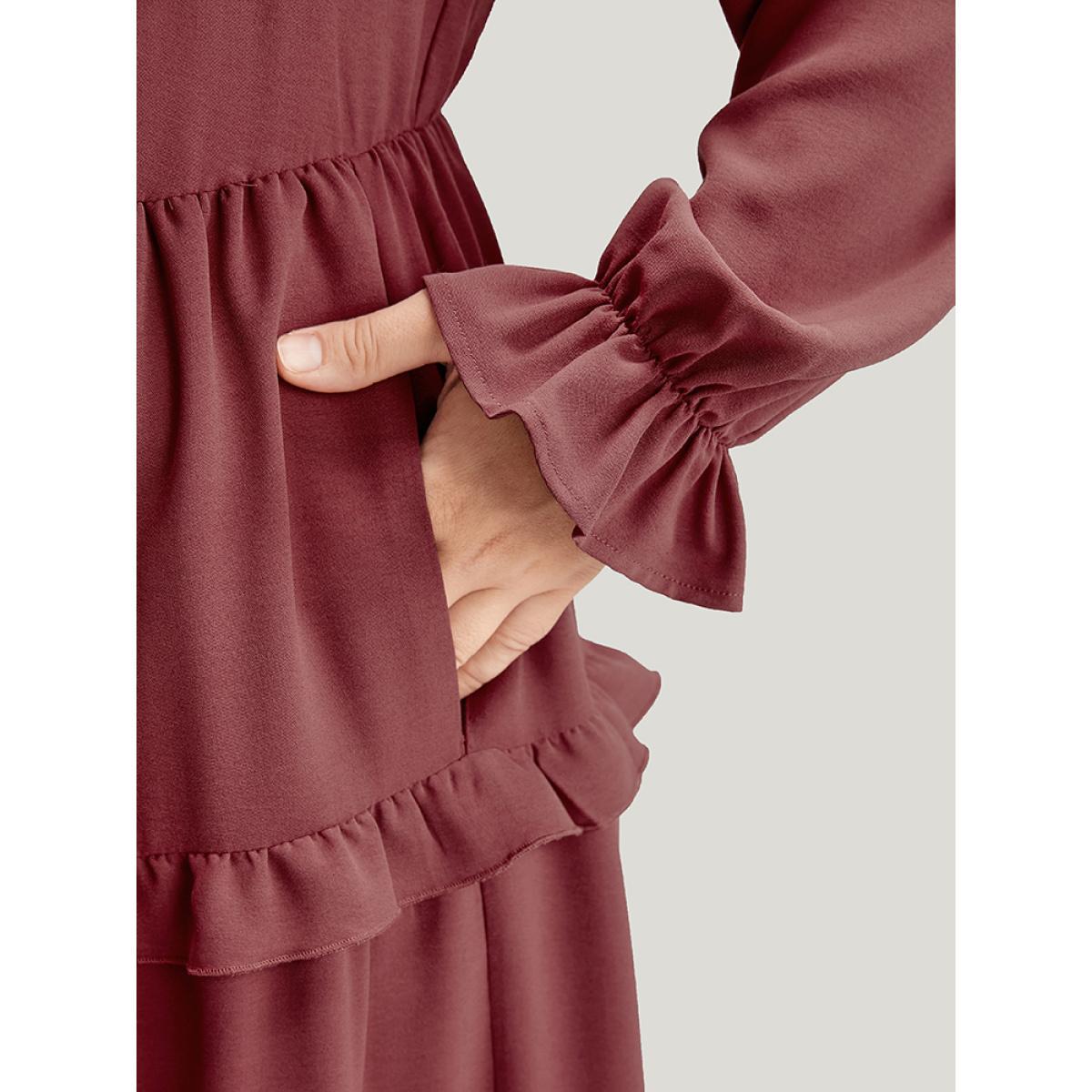 Plus Size Solid Lantern Sleeve Pocket Ruffle Hem Dress Russet Women Elegant V-neck Long Sleeve Curvy Long Dress BloomChic 22-24/3X Product Image
