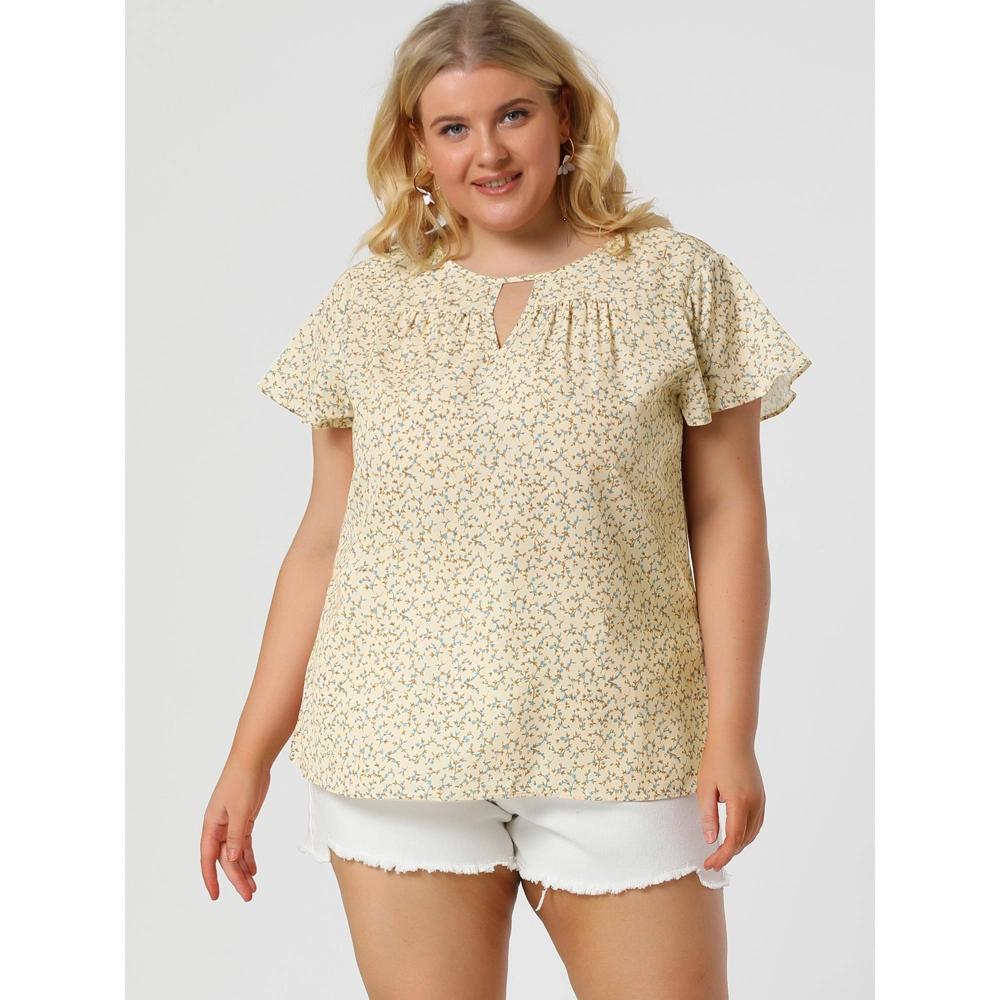 Agnes Orinda Plus Size Womens Tops Keyhole Flutter Short Sleeve Chiffon Floral Pattern Product Image