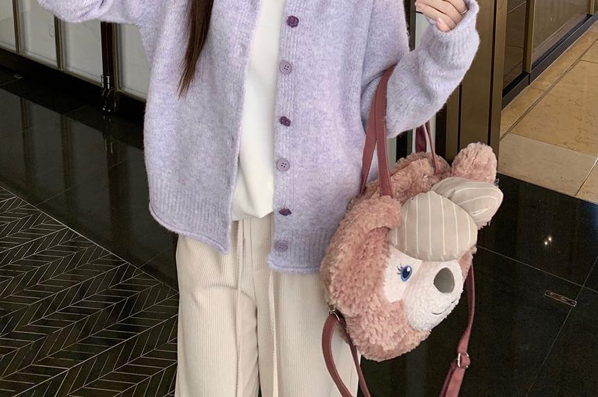 Crew Neck Plain Button-Up Cardigan / Drawstring Waist Corduroy Wide Leg Pants Product Image