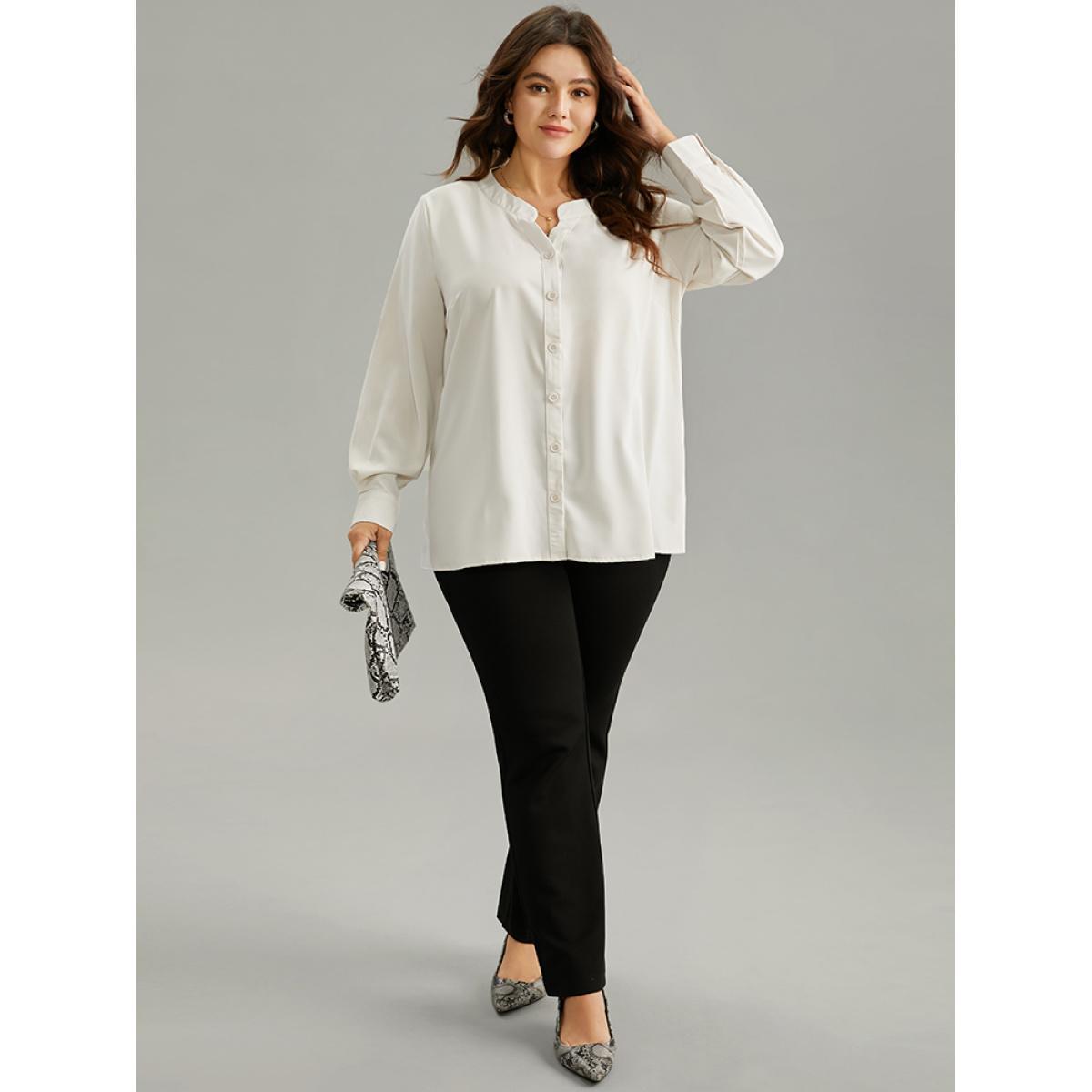 Plus Size Ivory Solid Notched Button Through Blouse Women Office Long Sleeve Notched collar Work Blouses BloomChic 30/6X Product Image