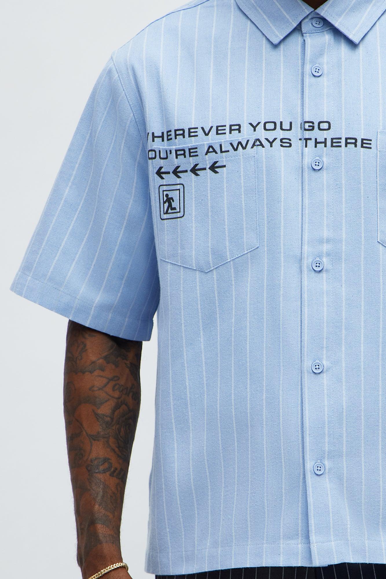 Worldwide Striped Cropped Button Up Shirt - Light Blue Product Image