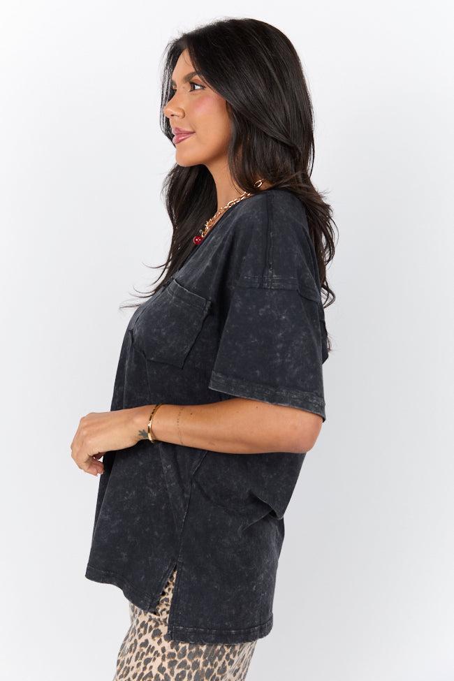 When We Meet Black Oversized Acid Wash V-Neck Tee Product Image