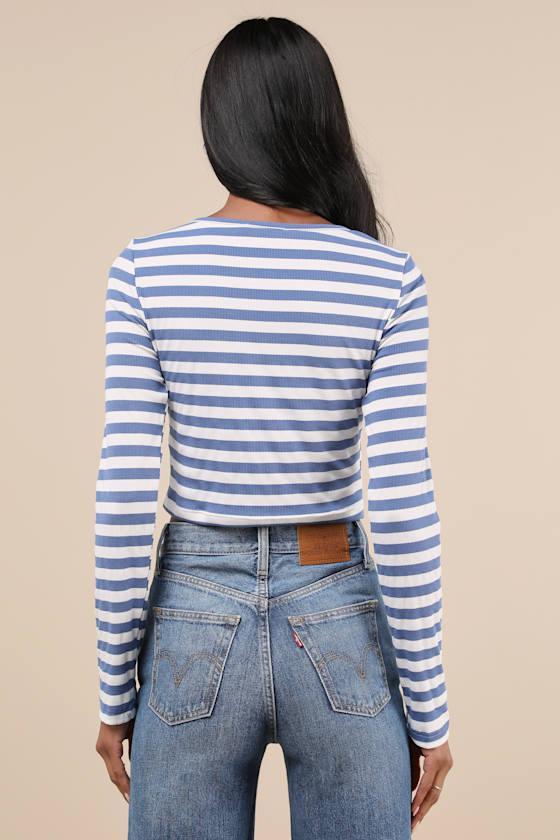 Admired Impression Ivory and Blue Striped Long Sleeve Crop Top Product Image