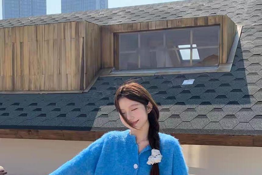 Notch Neck Plain Button-Up Cardigan Product Image