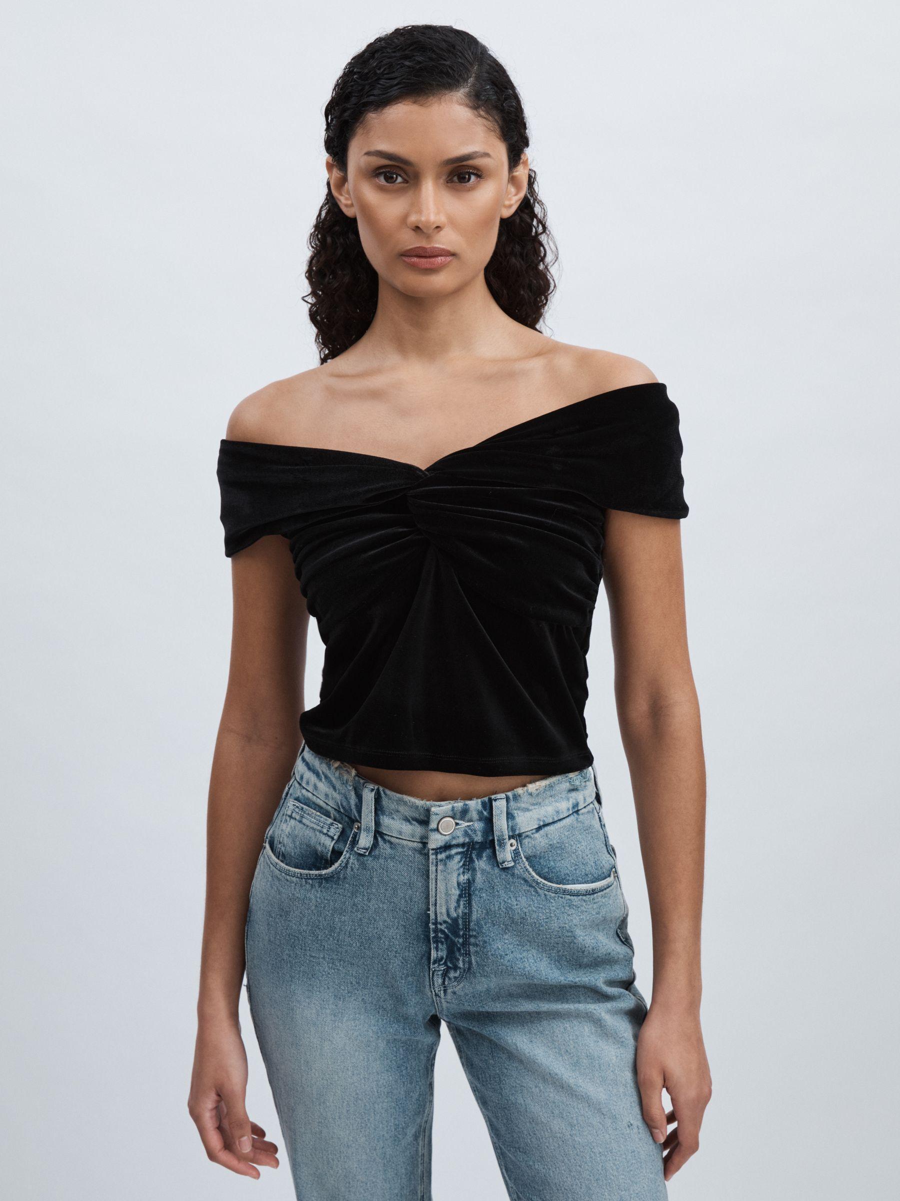 Off-Shoulder Velvet Top in Black Product Image