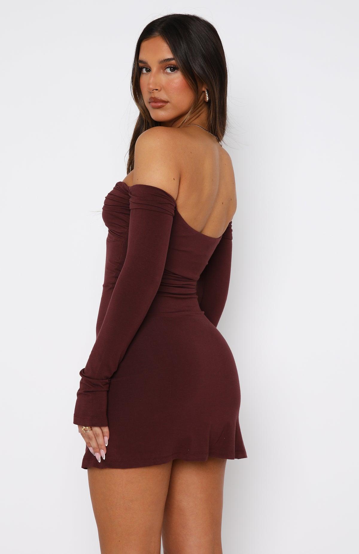 Running Out Of Time Off Shoulder Long Sleeve Mini Dress Chocolate Product Image