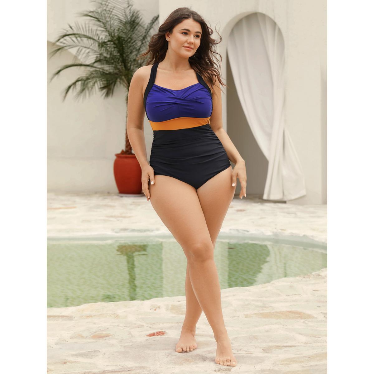 Plus Size Twisted Front Color Contrast One-Piece Swimsuit Women's Swimwear DarkBlue Beach Curve Bathing Suits High stretch One Pieces BloomChic 28/5X Product Image