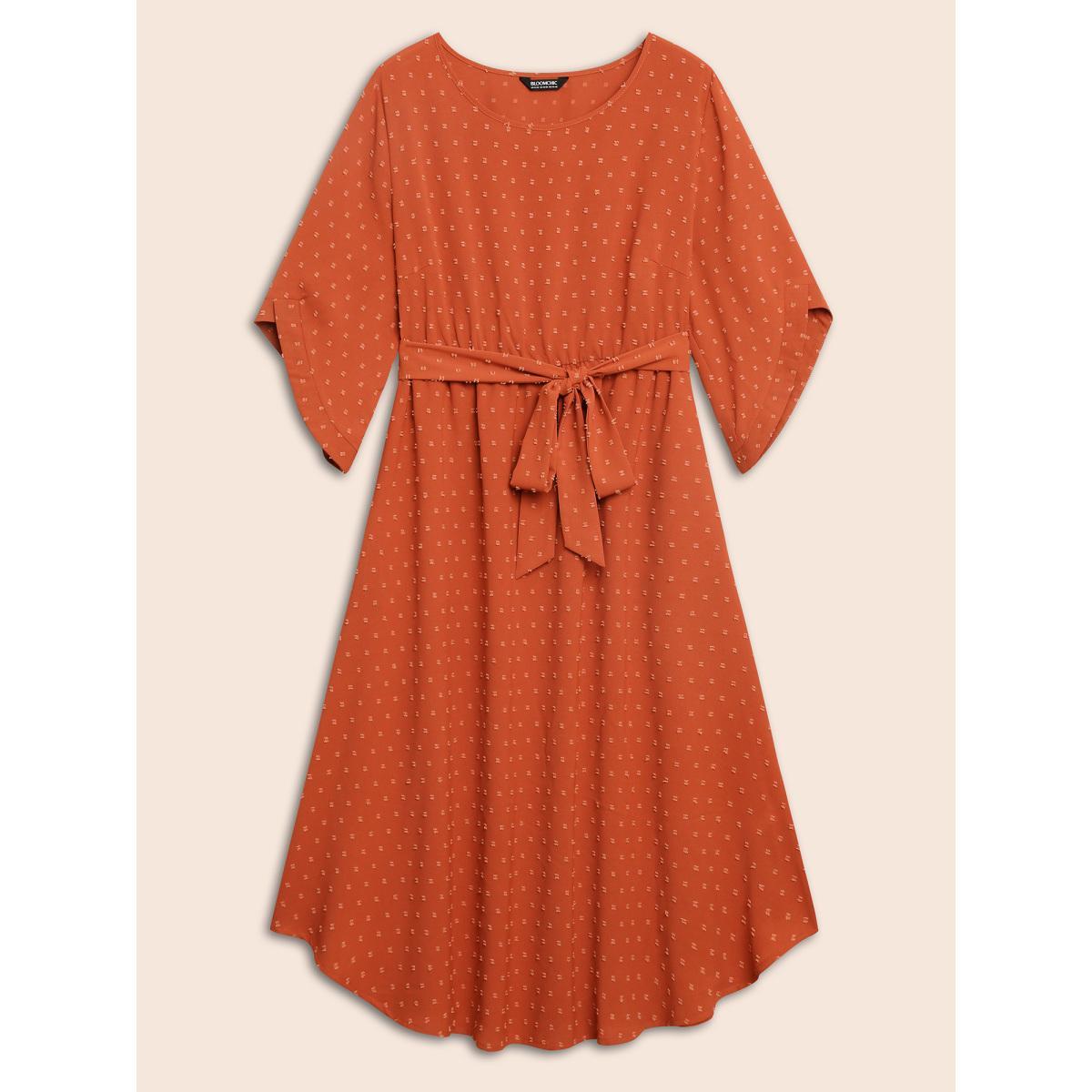 Plus Size Textured Bell Sleeve Belted Arc Hem Dress OrangeRed Women Elegant Texture Round Neck Elbow-length sleeve Curvy BloomChic 14-16/1X Product Image