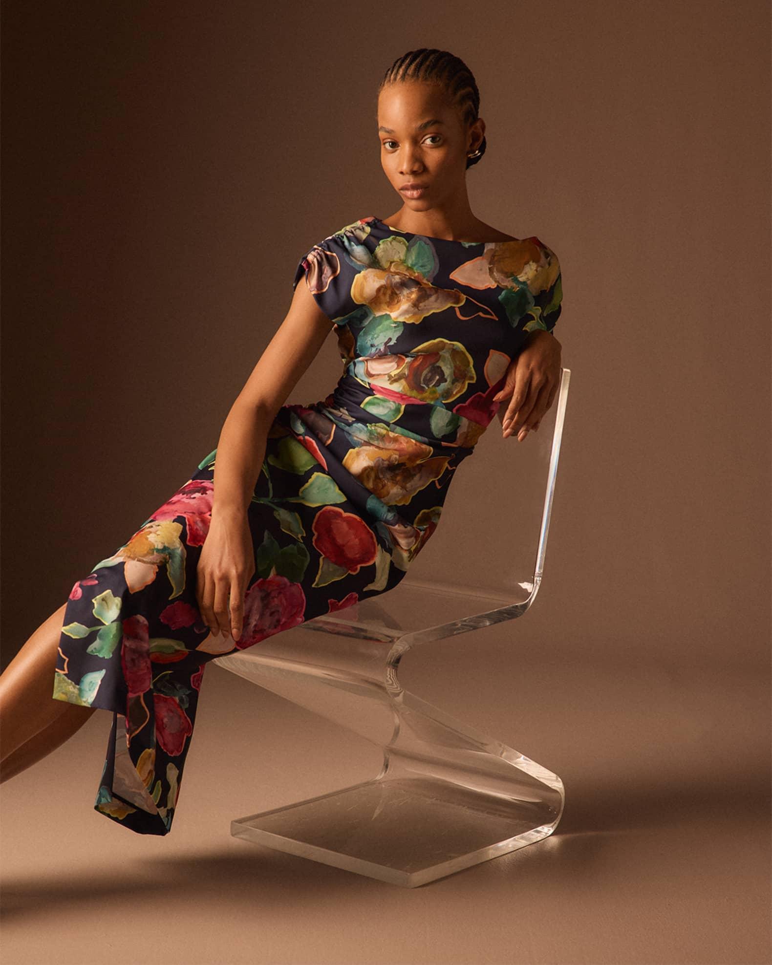 Floral Print Ruched Crepe Midi Dress Product Image