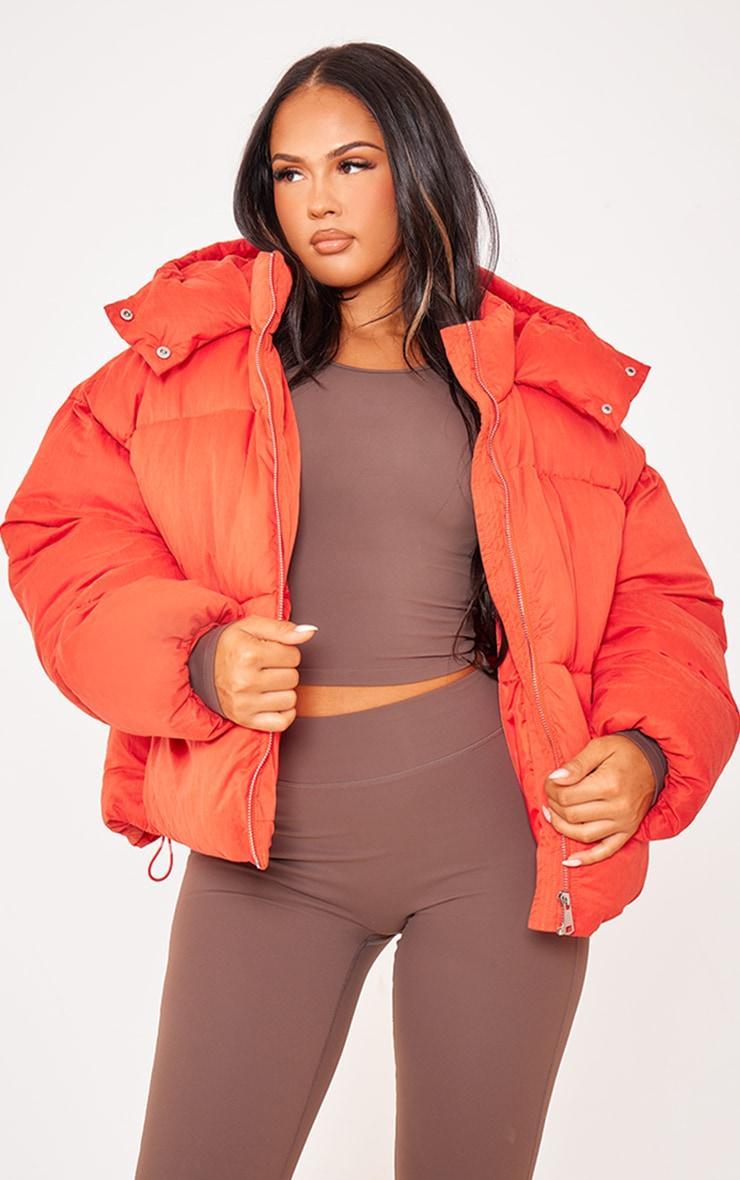 Tomato Red Peached Oversized Hooded Puffer Coat Product Image
