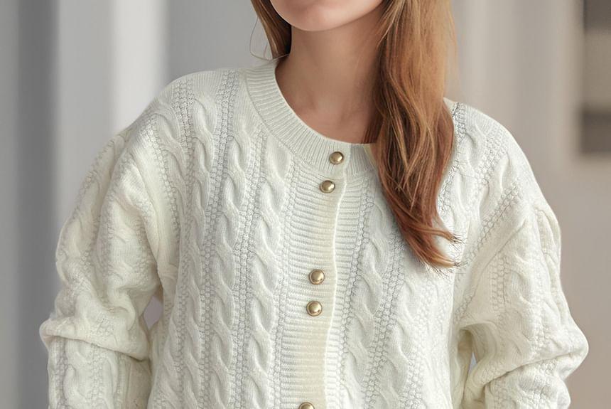 Crew Neck Plain Cable Knit Button-Up Cardigan Product Image