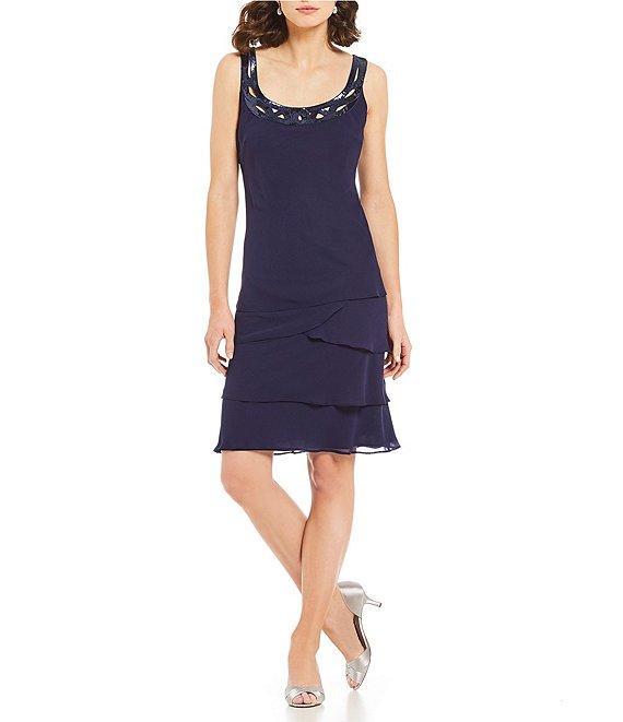 Ignite Evenings Sequin Detail Scoop Neck Long Sleeve Chiffon Tiered 2-Piece Jacket Dress Product Image