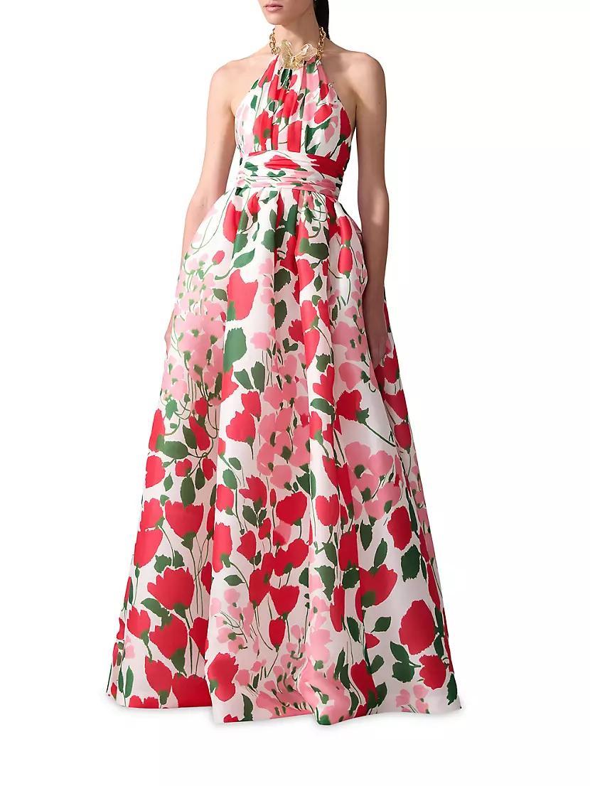 Floral Silk Chain Halter Gown Product Image
