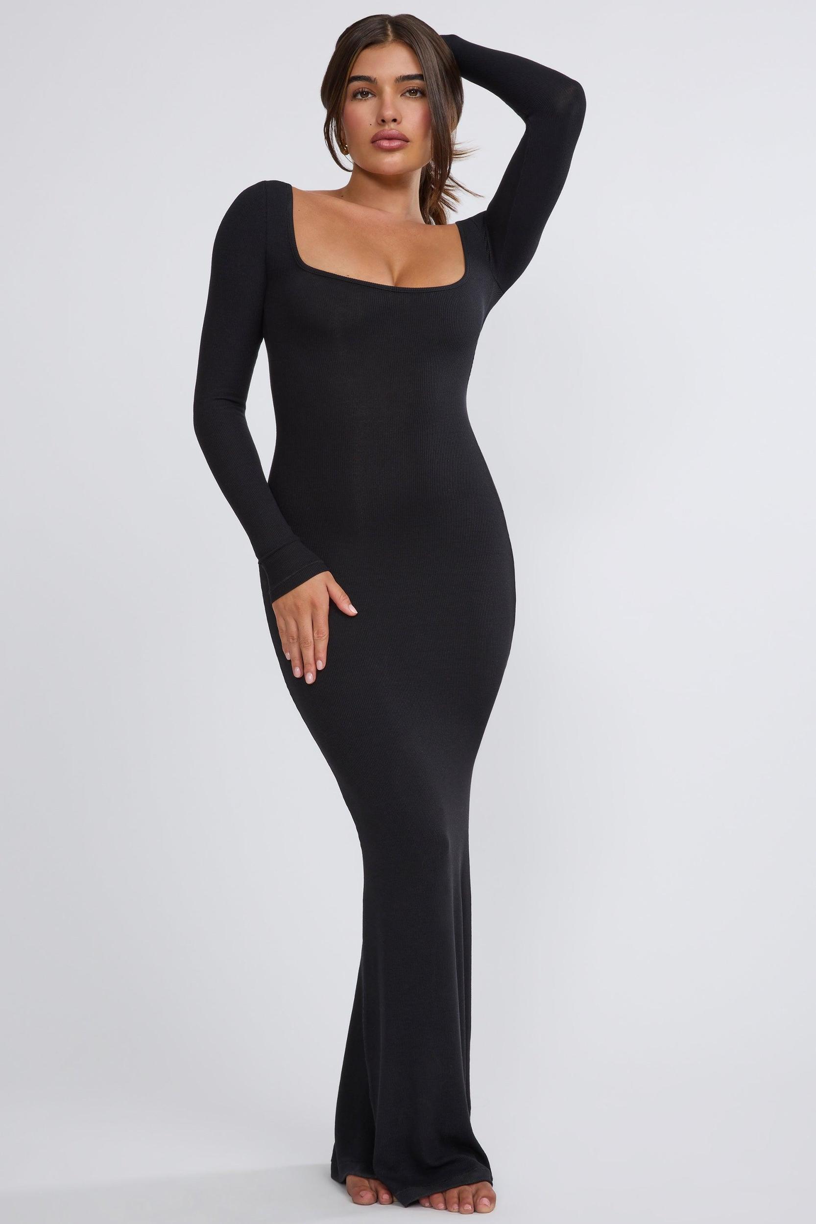 Ribbed Modal Long Sleeve Maxi Dress in Black Product Image