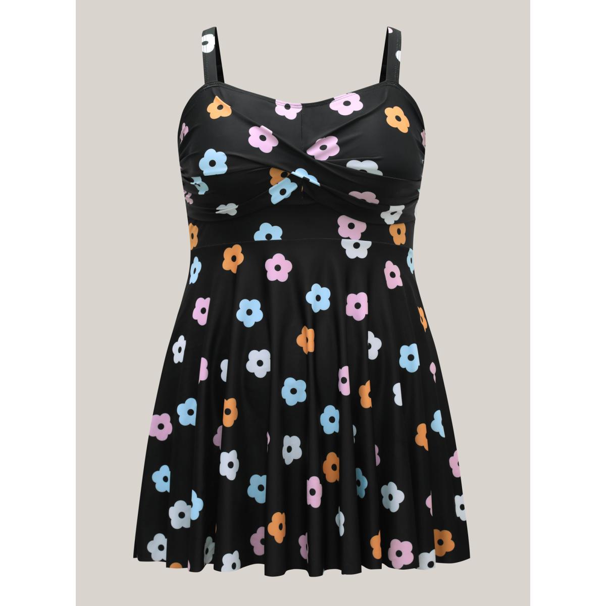 Plus Size Twist Front Floral Print Flared Swim Dress Women's Swimwear Black Beach Bodycon U-neck High stretch Curve Swim Dresses BloomChic 30/6X Product Image