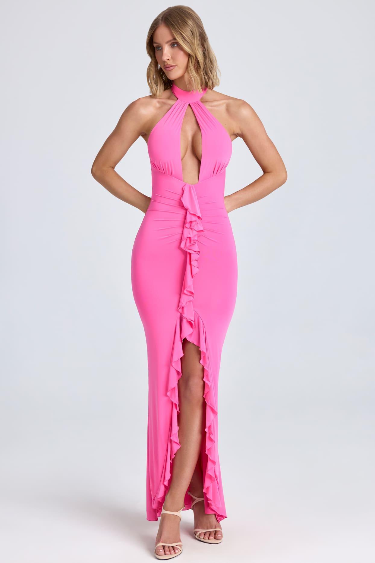 Ruffle-Trim Halterneck Gown in Lollipop Pink Product Image