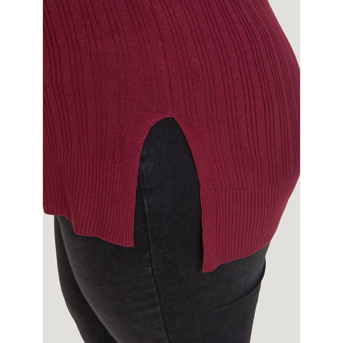 Plus Size Supersoft Essentials Plain Rib Knit Split Side Pullover Burgundy Women Casual Bodycon Long Sleeve Round Neck Dailywear Pullovers BloomChic 30/6X Product Image