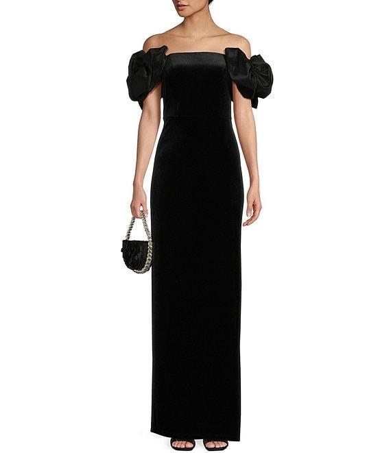 B. Darlin Taffeta Off-The-Shoulder Bow Trim Side Slit Long Dress Product Image