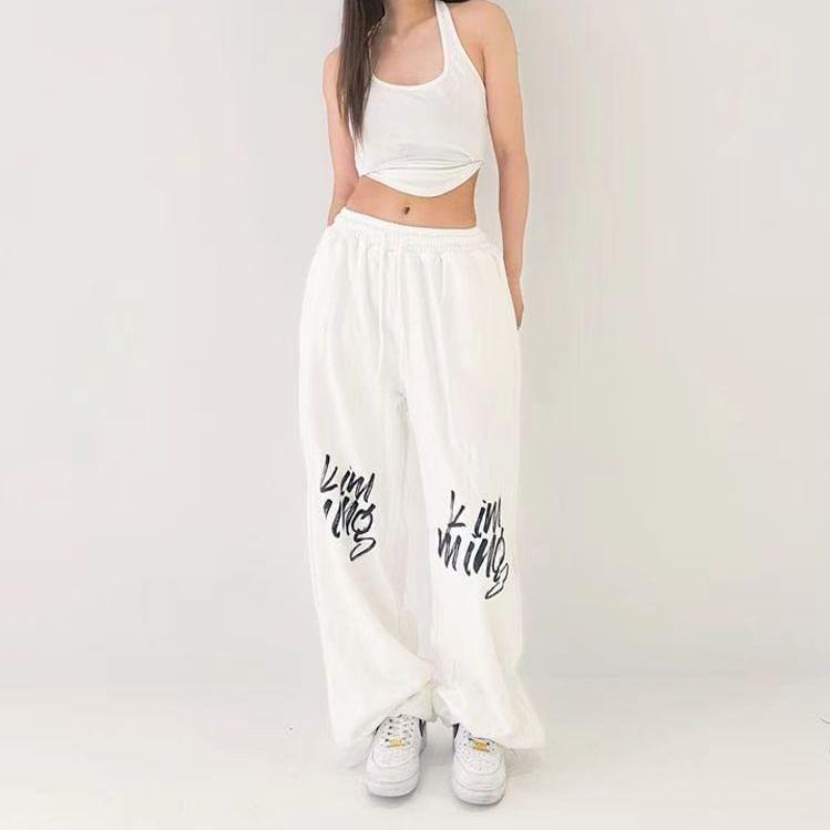 Drawstring Waist Lettering Print Wide Leg Sweatpants Product Image