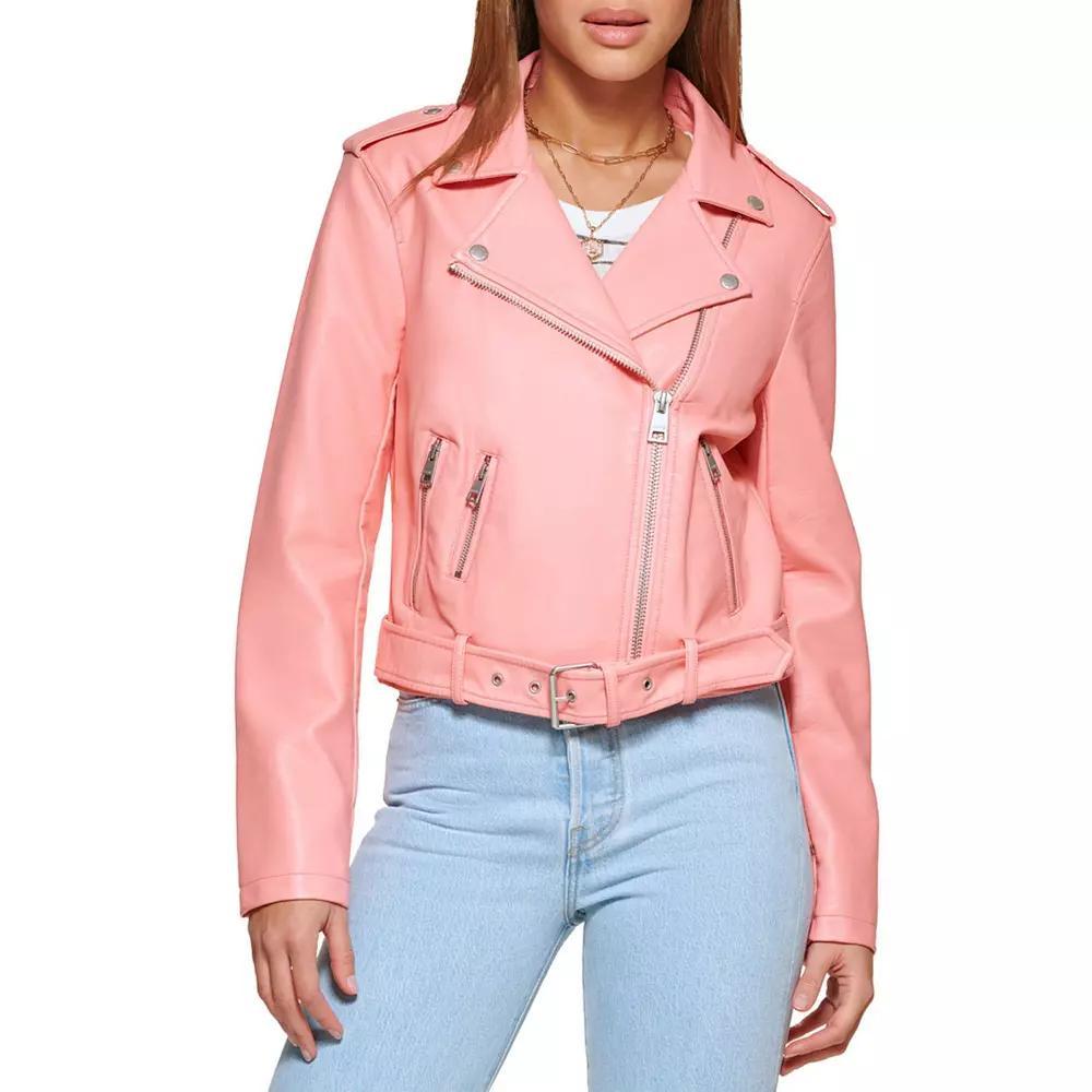 Womens Levis Belted Faux Leather Motorcycle Jacket Pink Product Image