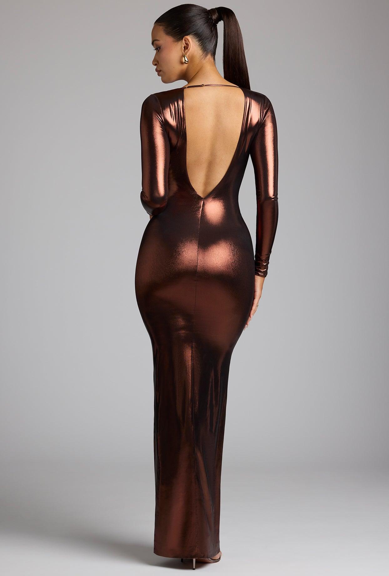 Long Sleeve Metallic Jersey Evening Gown in Copper Bronze Product Image