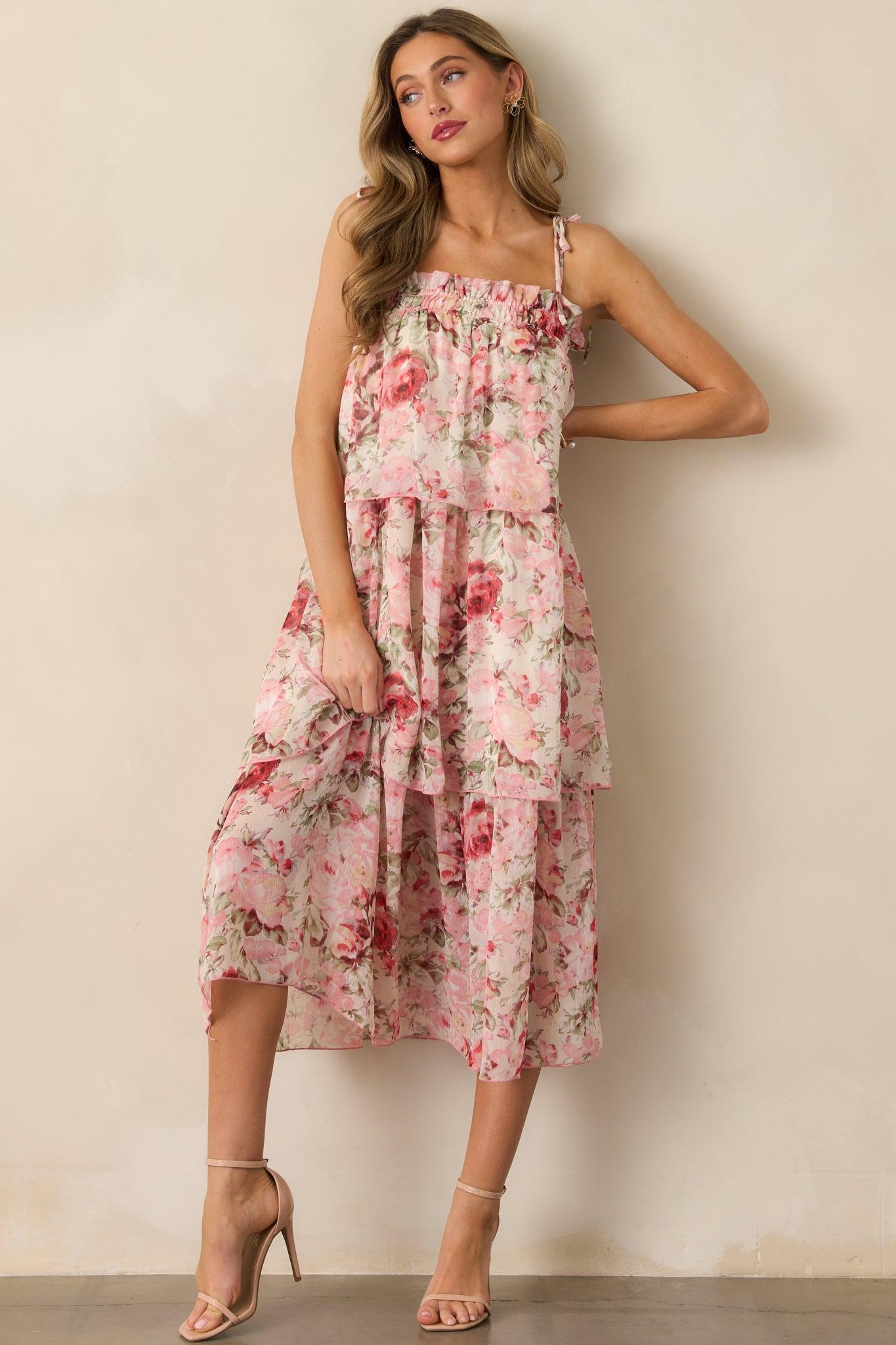 Flourishing Frenzy Pink Floral Print Midi Dress Product Image
