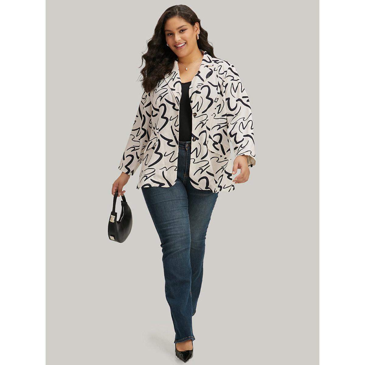 Plus Size Line Print Suit Collar Pocket Button Through Blazer Ivory Women Dailywear Geometric Button Sleeve Long Sleeve Suit Collar 12/L Pocket Office Blazers BloomChic Product Image