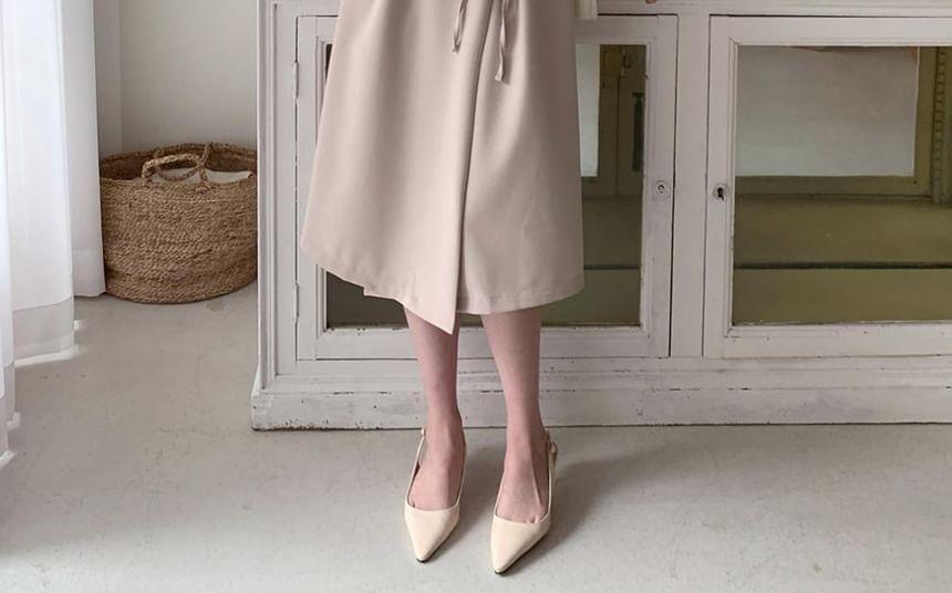 Long-Sleeve V-Neck Plain Tie Waist Midi A-Line Dress Product Image