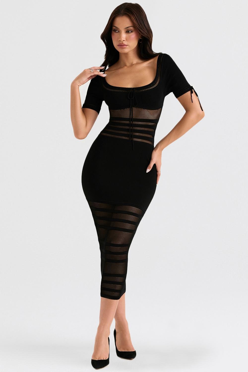 Lilla Black Openwork Knit Midi Dress Product Image