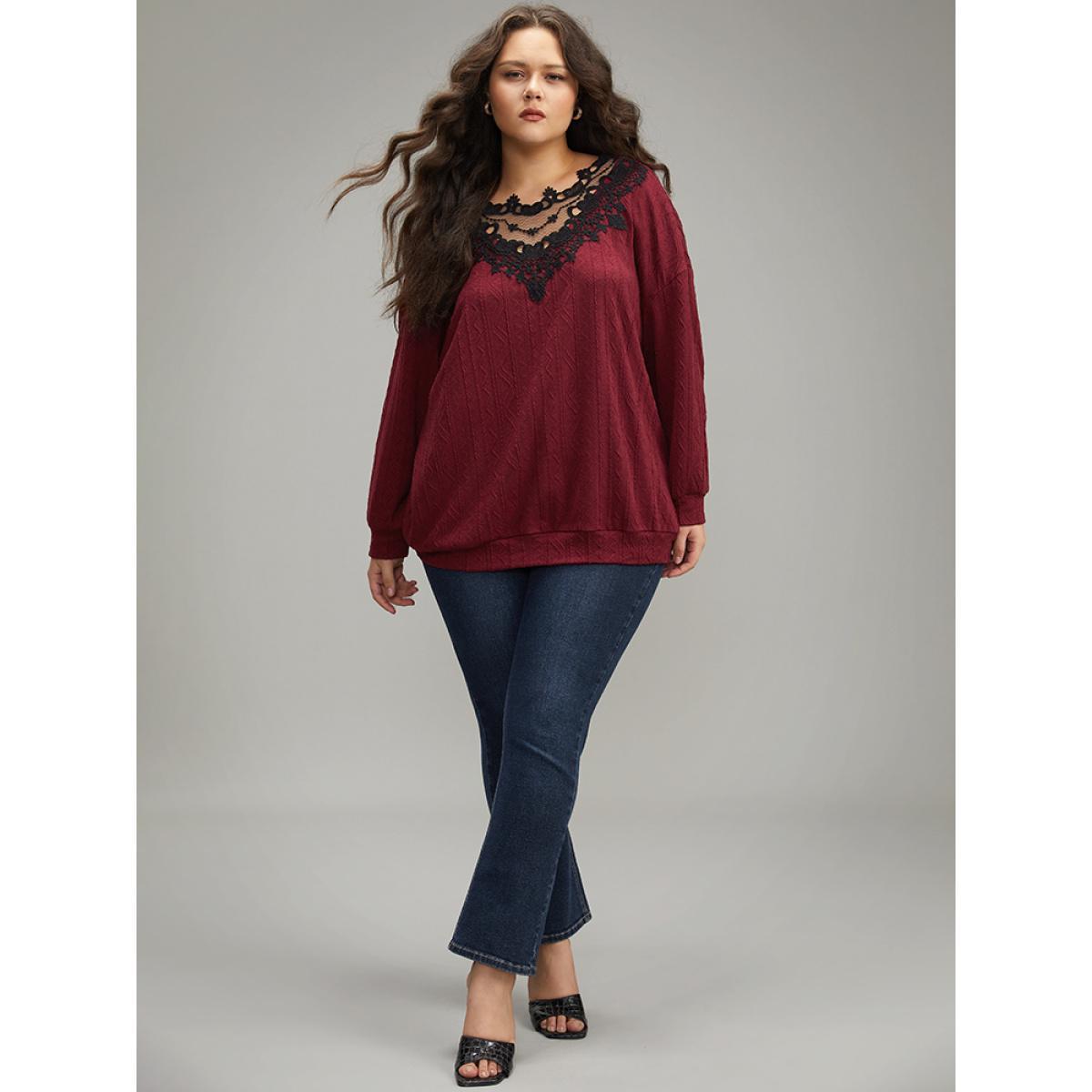 Plus Size Plain Textured Patchwork Lace Panel Sweatshirt Women Scarlet Elegant Elastic cuffs Round Neck Everyday Sweatshirts BloomChic 26/4X Product Image