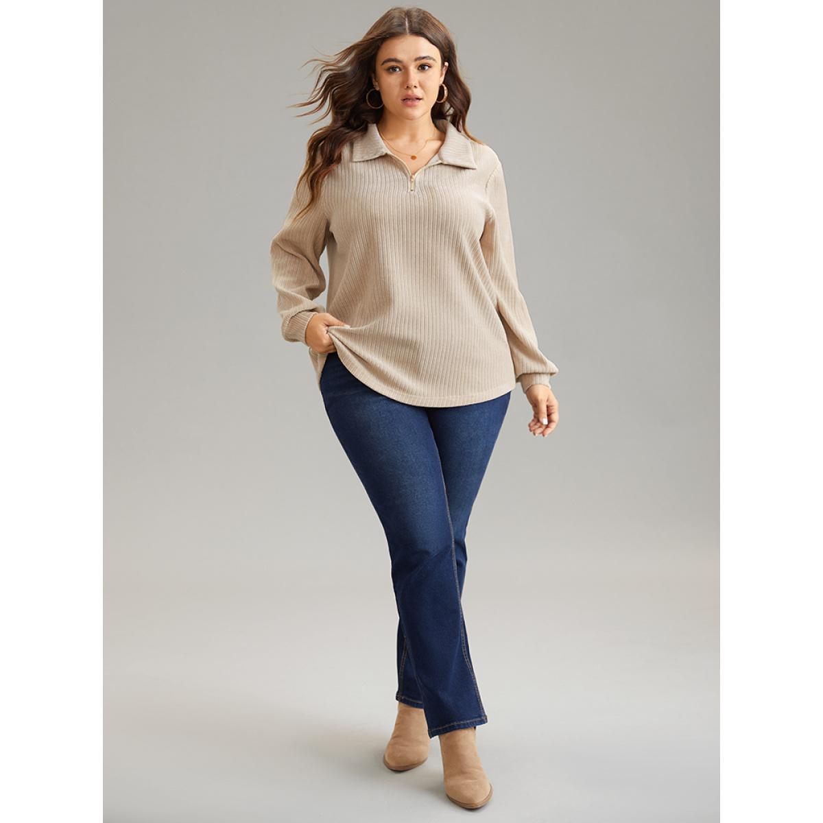 Plus Size Plain Heather Zipper Texture Polo Sweatshirt Women LightBrown Casual Texture Polo Dailywear Sweatshirts BloomChic 30/6X Product Image