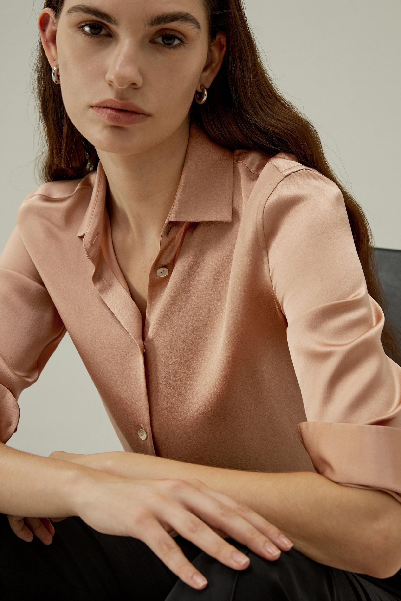 Minimalist Placket Silk Blouse with Shell Buttons Product Image