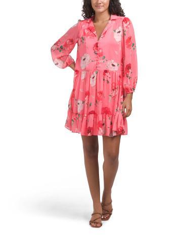 Floral Chiffon Notch Collar Mini Shirt Dress for Women | Polyester Product Image