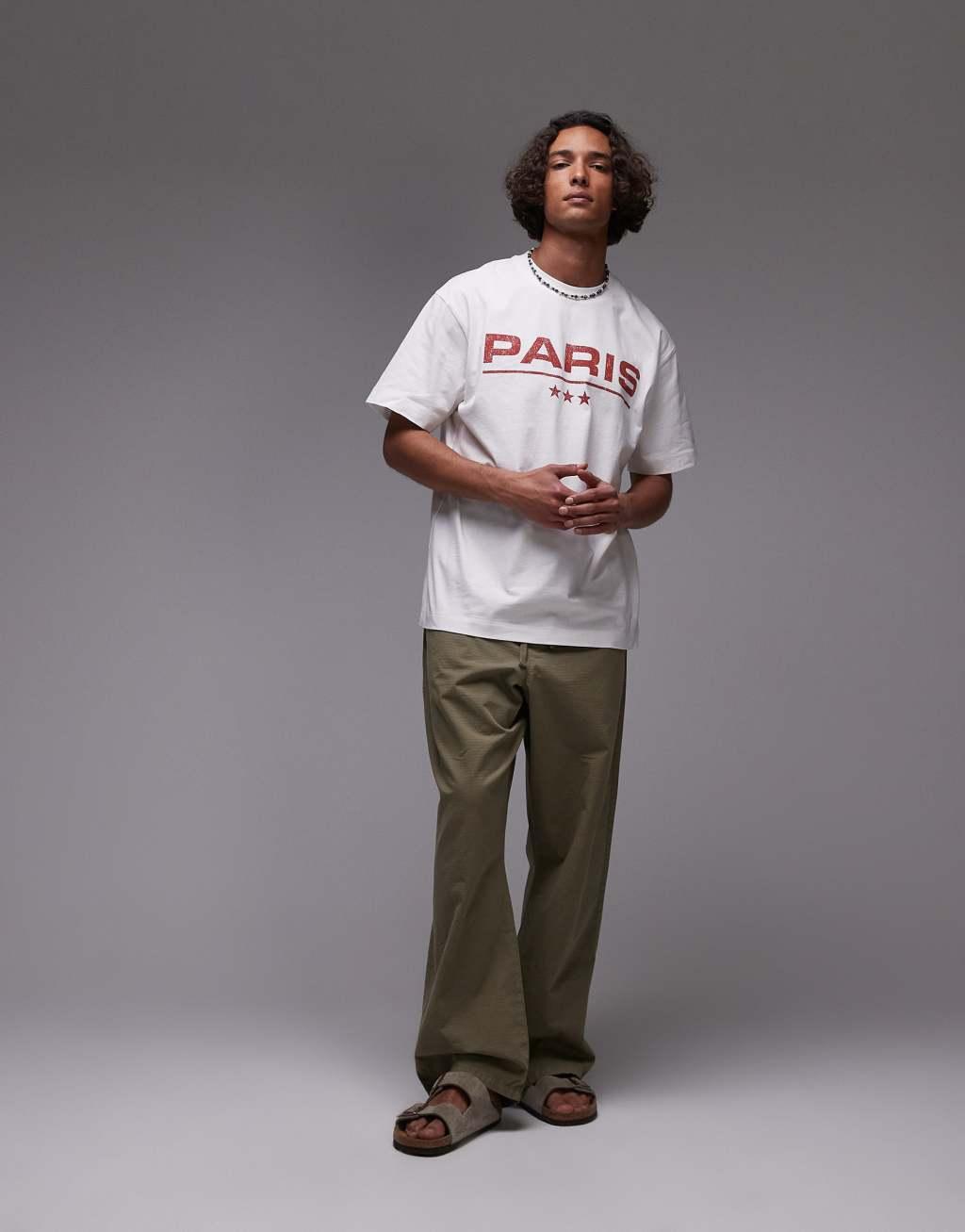 Topman oversized fit T-shirt with Paris print in white Product Image