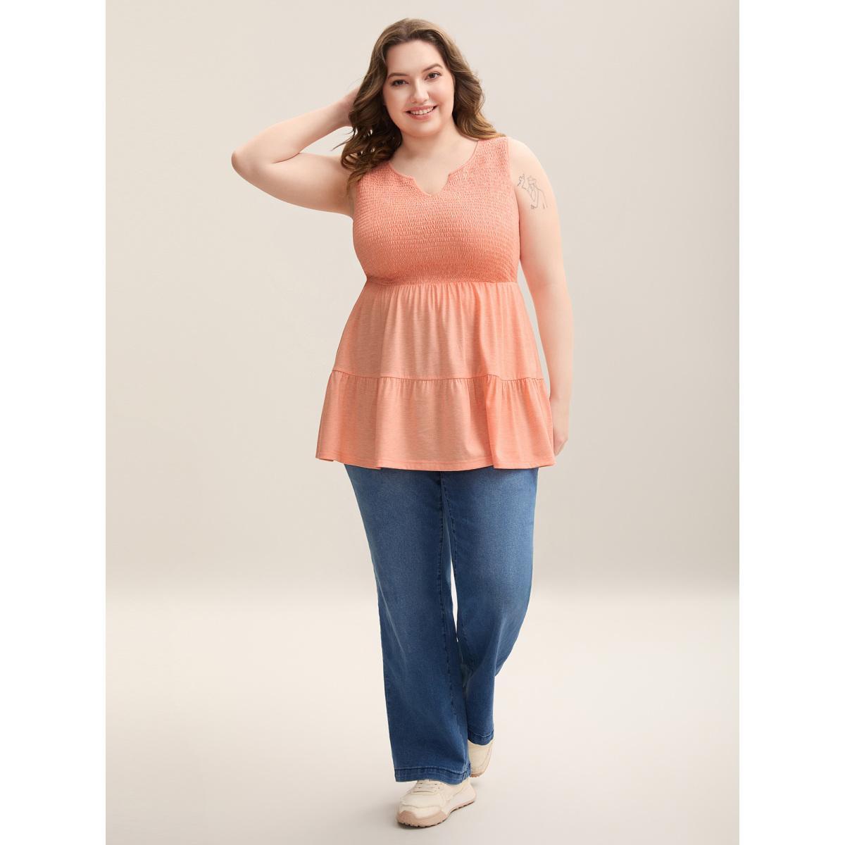 Plus Size Shirred Bodice Spliced Tiered Sleeveless Top Women Coral Elegant Gathered Notched collar Everyday Tank Tops Camis BloomChic 28/5X Product Image
