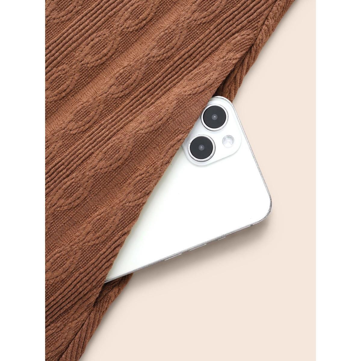 Plus Size Plain Textured Button Detail Midi Dress Yellowishbrown Women Casual Texture V-neck Elbow-length sleeve Curvy BloomChic 28/5X Product Image