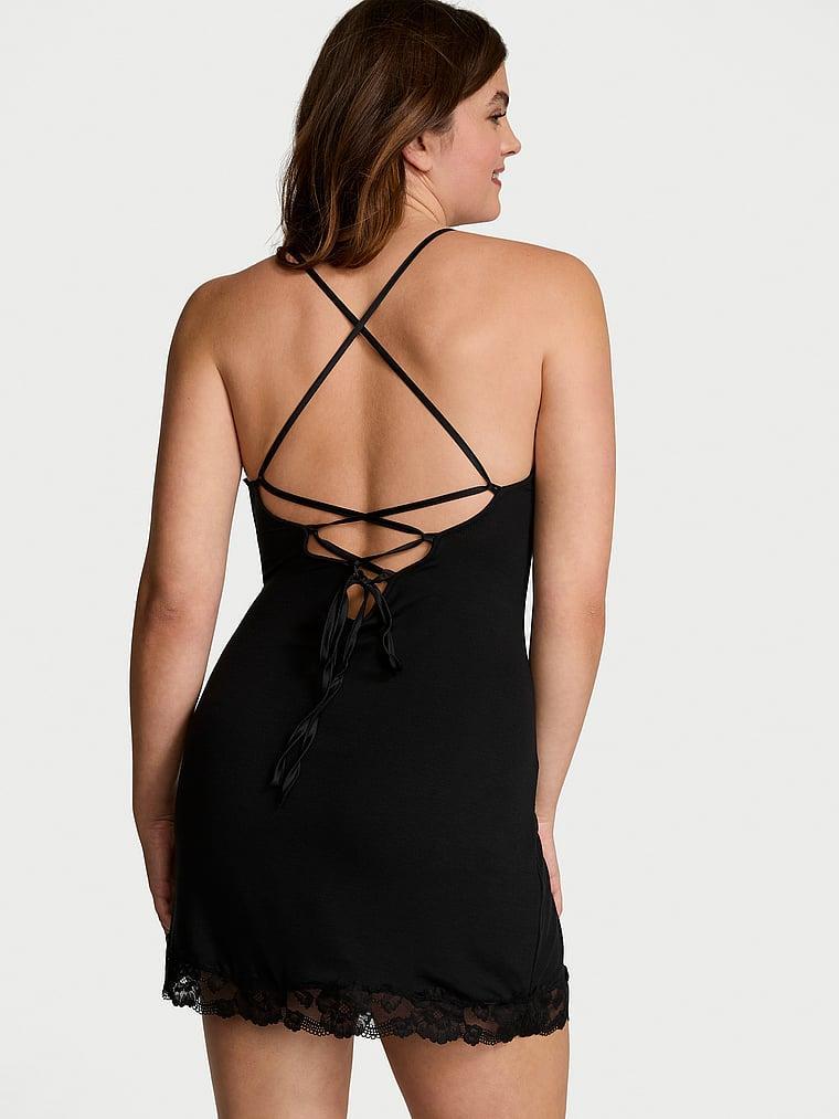 Ribbed Modal & Lace Cross-Back Slip Dress Product Image