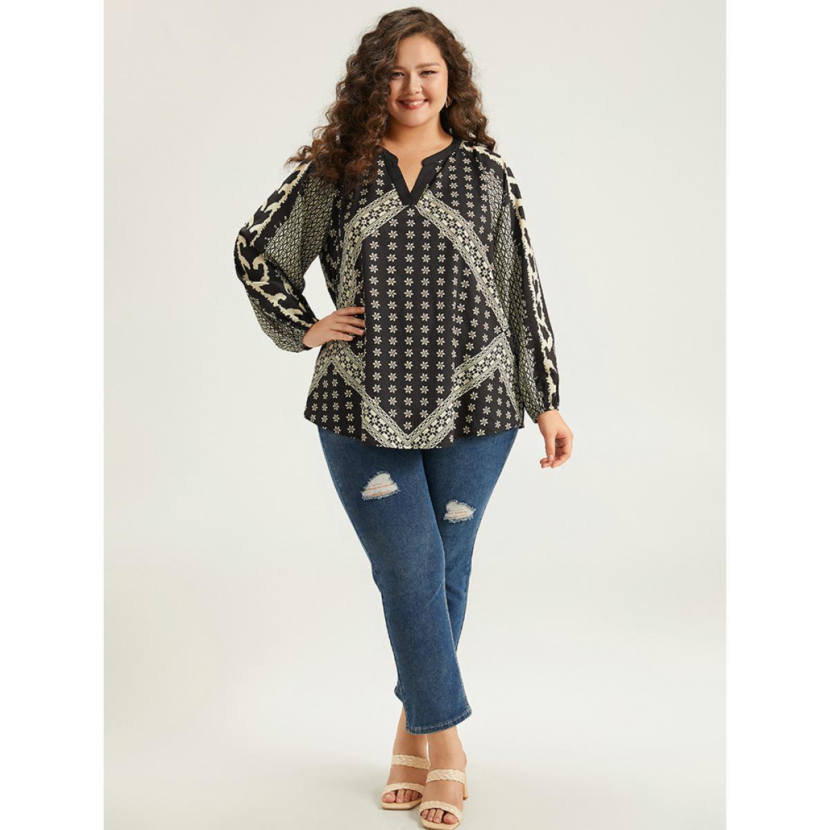Plus Size Black Boho Print Lantern Sleeve Notched Blouse Women Vacation Long Sleeve Notched collar Dailywear Blouses BloomChic 30/6X Product Image