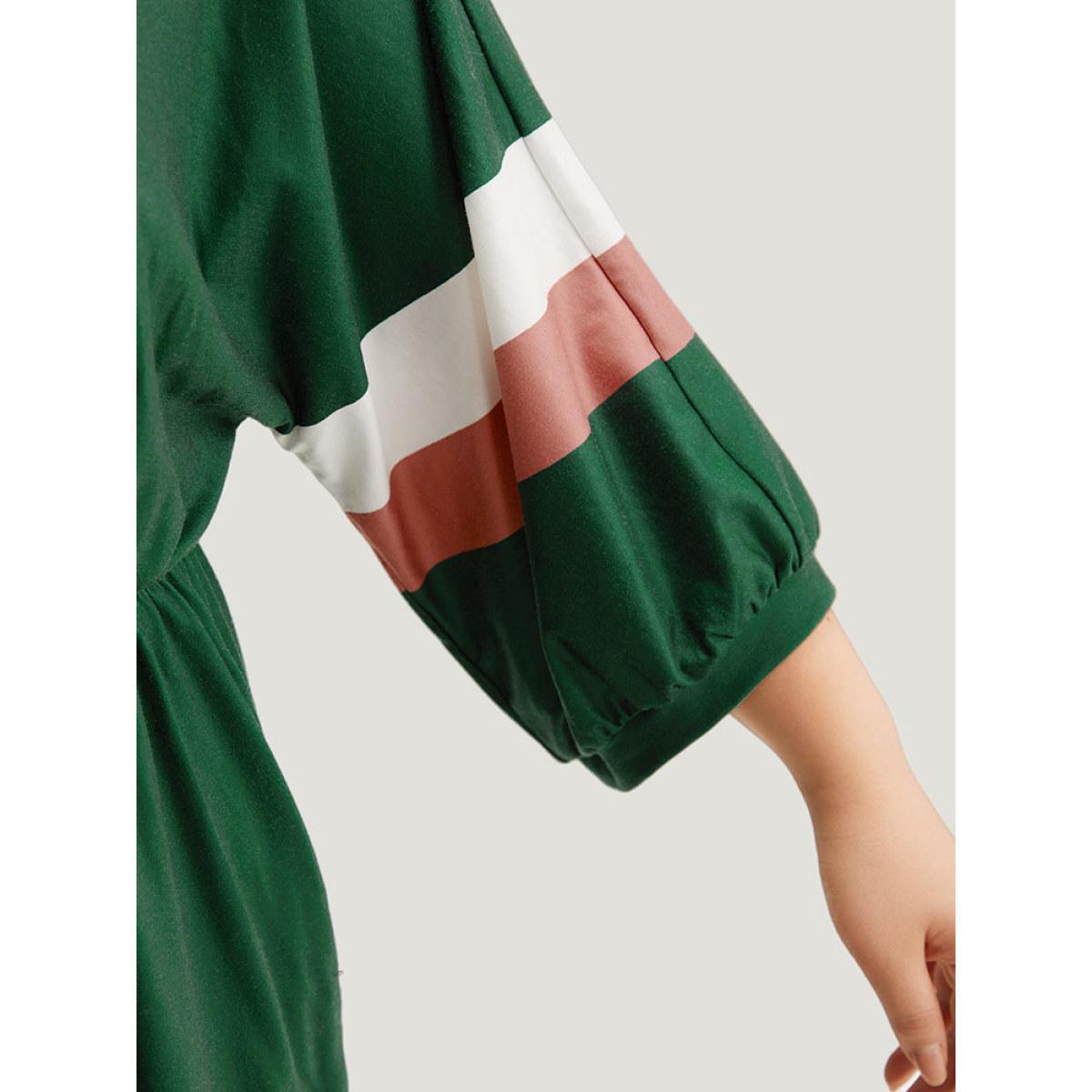 Plus Size Striped Contrast Pocket Bowknot Patchwork Dress DarkGreen Women Casual Cross straps Round Neck Elbow-length sleeve Curvy Midi Dress BloomChic 30/6X Product Image